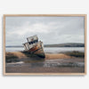 Weathered shipwreck resting on a quiet coastal shore, surrounded by marshland and a moody, overcast sky.