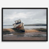 Weathered shipwreck resting on a quiet coastal shore, surrounded by marshland and a moody, overcast sky.