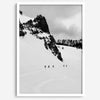 A fine art print showing five skiers traversing a vast, snowy mountain landscape under a pale winter sky, surrounded by untouched wilderness.