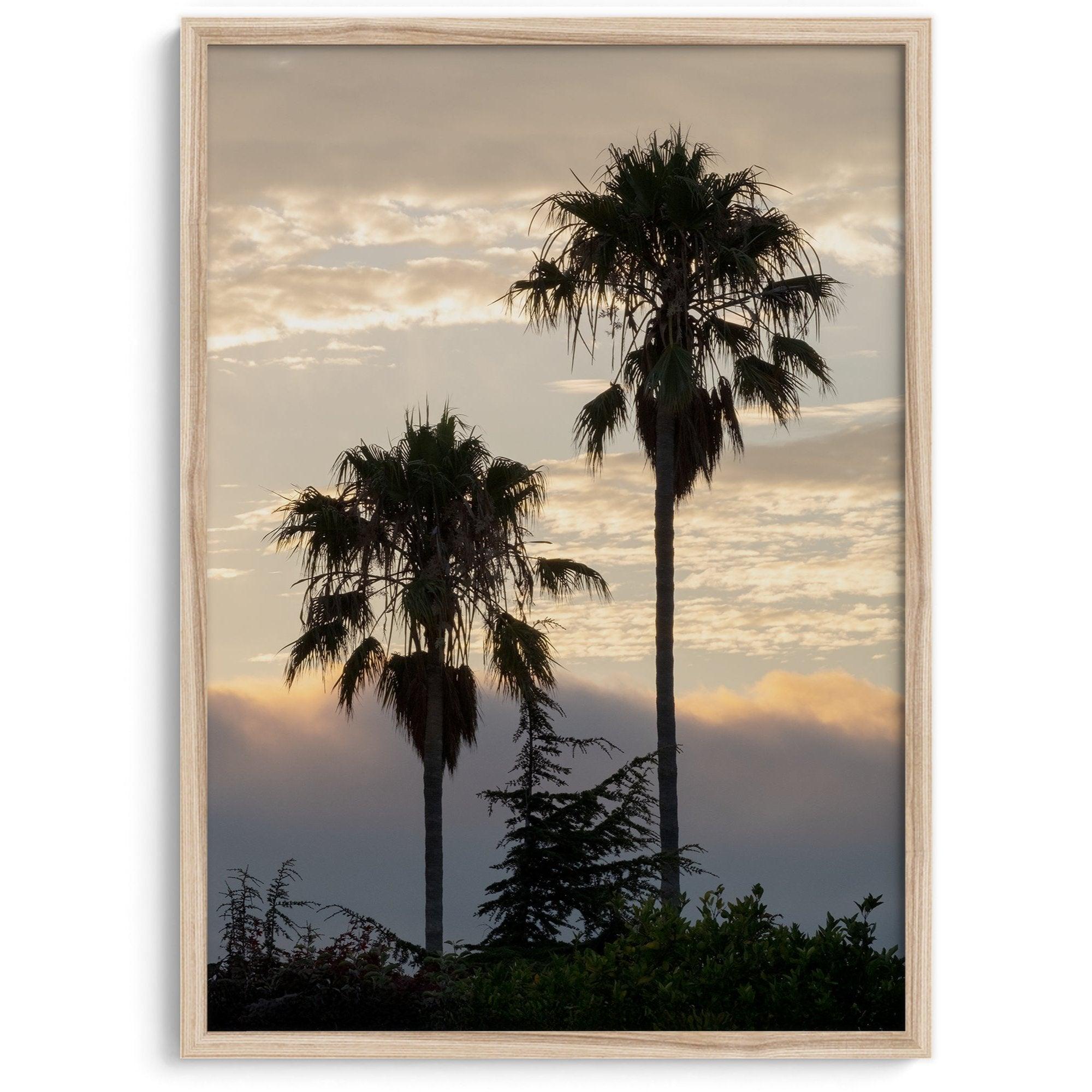 Palm tree wall art featuring two palms silhouetted at sunrise with soft golden light.