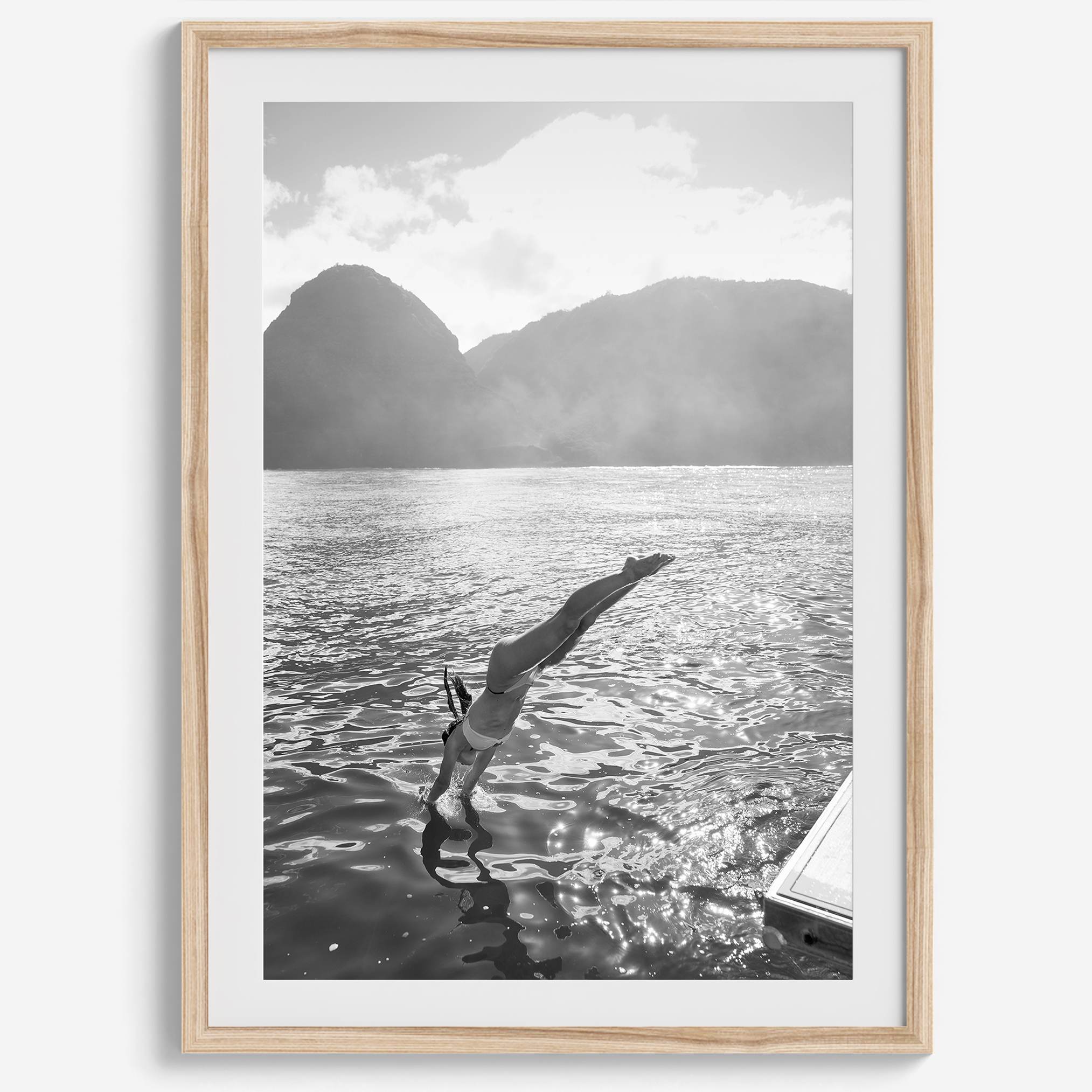 Fine art dive print in monochrome tones, elegant wall decor inspired by Hawaii.