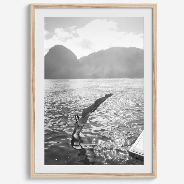 Fine art dive print in monochrome tones, elegant wall decor inspired by Hawaii.