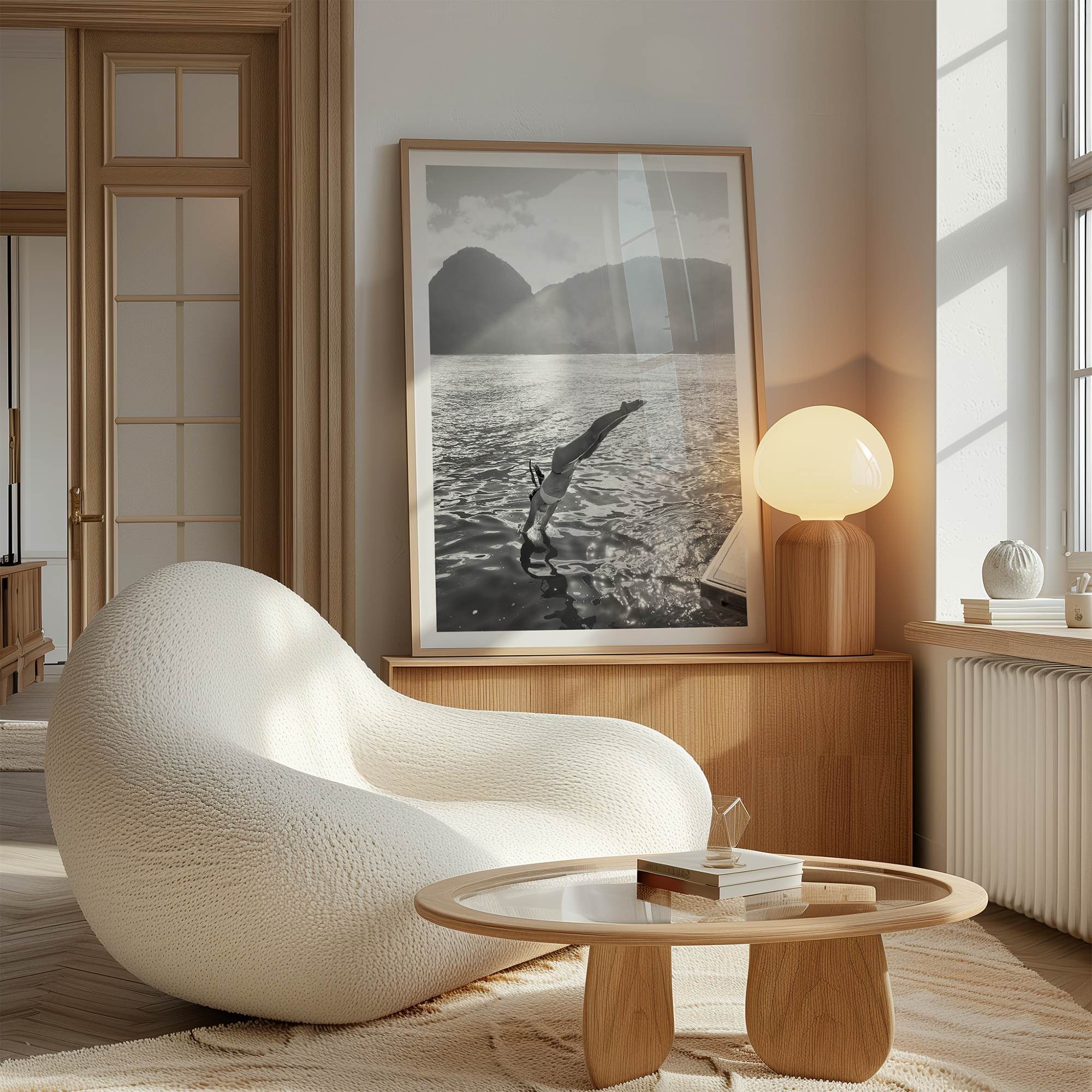 Fine art dive print in monochrome tones, elegant wall decor inspired by Hawaii.