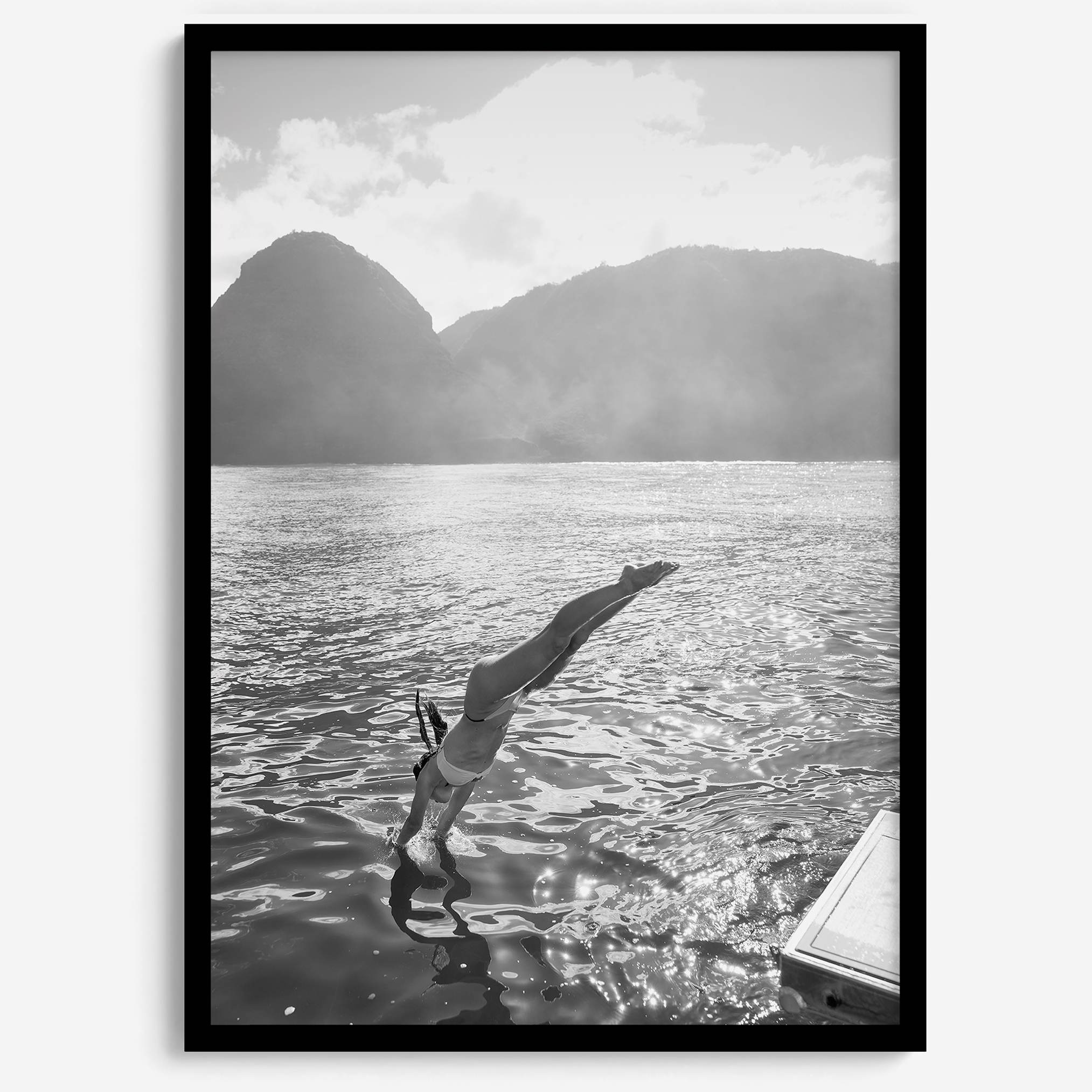 Fine art dive print in monochrome tones, elegant wall decor inspired by Hawaii.