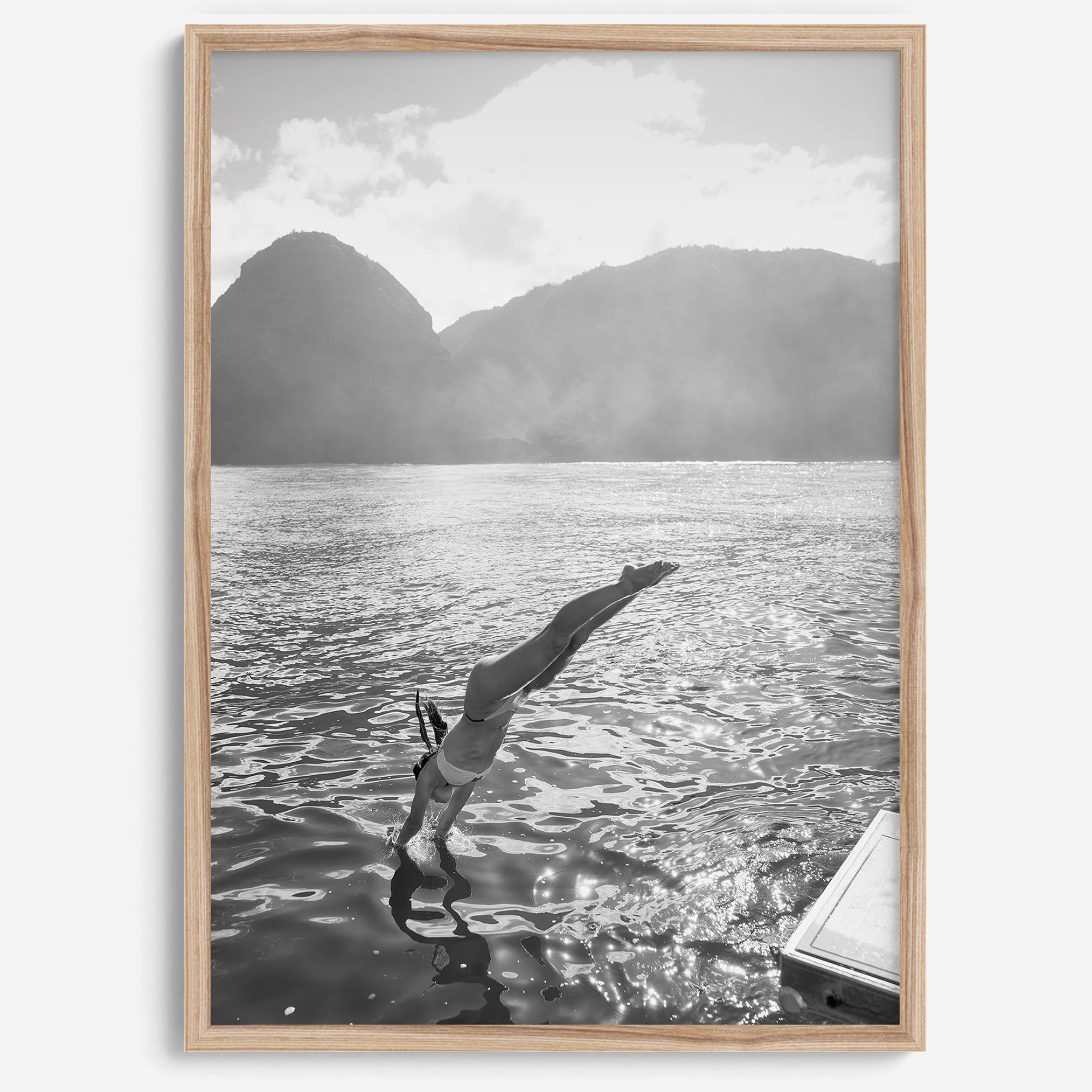 Fine art dive print in monochrome tones, elegant wall decor inspired by Hawaii.