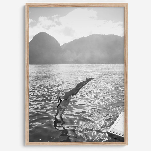 Fine art dive print in monochrome tones, elegant wall decor inspired by Hawaii.