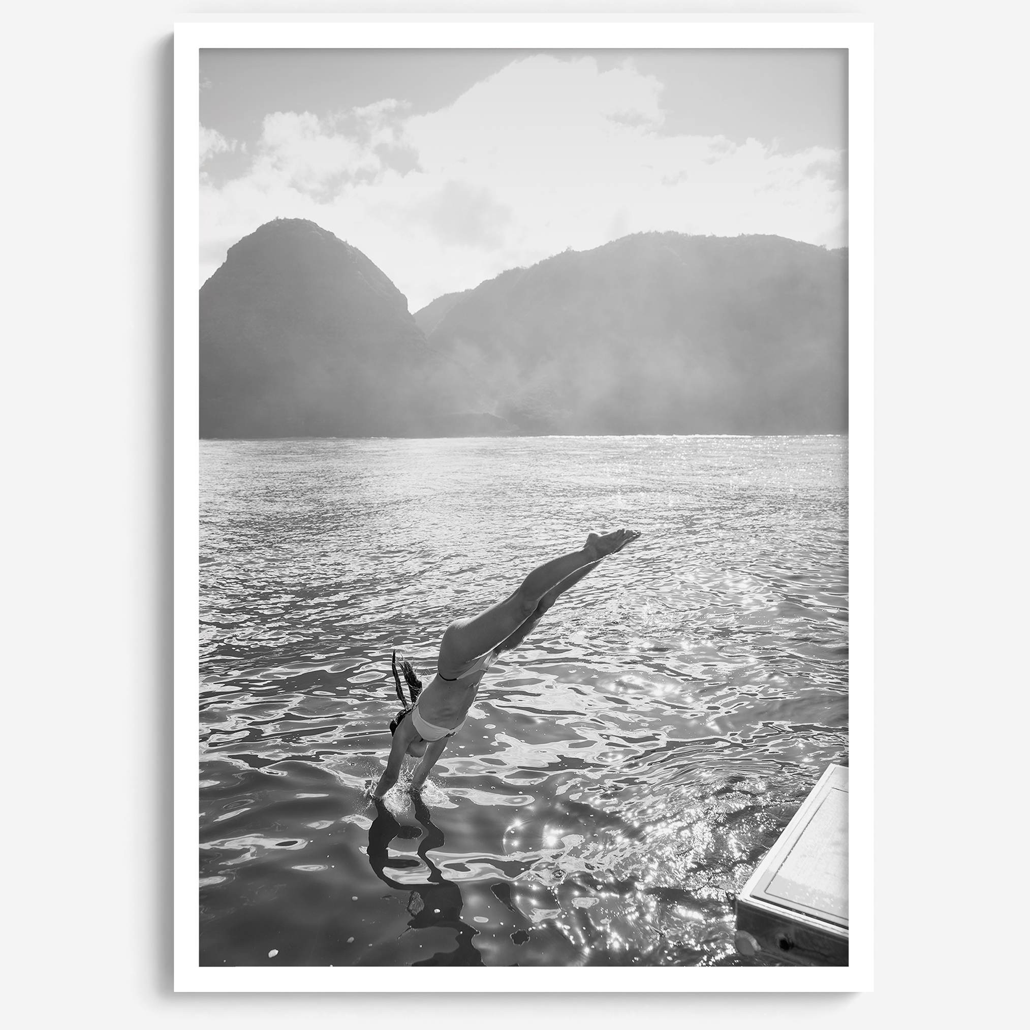 Fine art dive print in monochrome tones, elegant wall decor inspired by Hawaii.