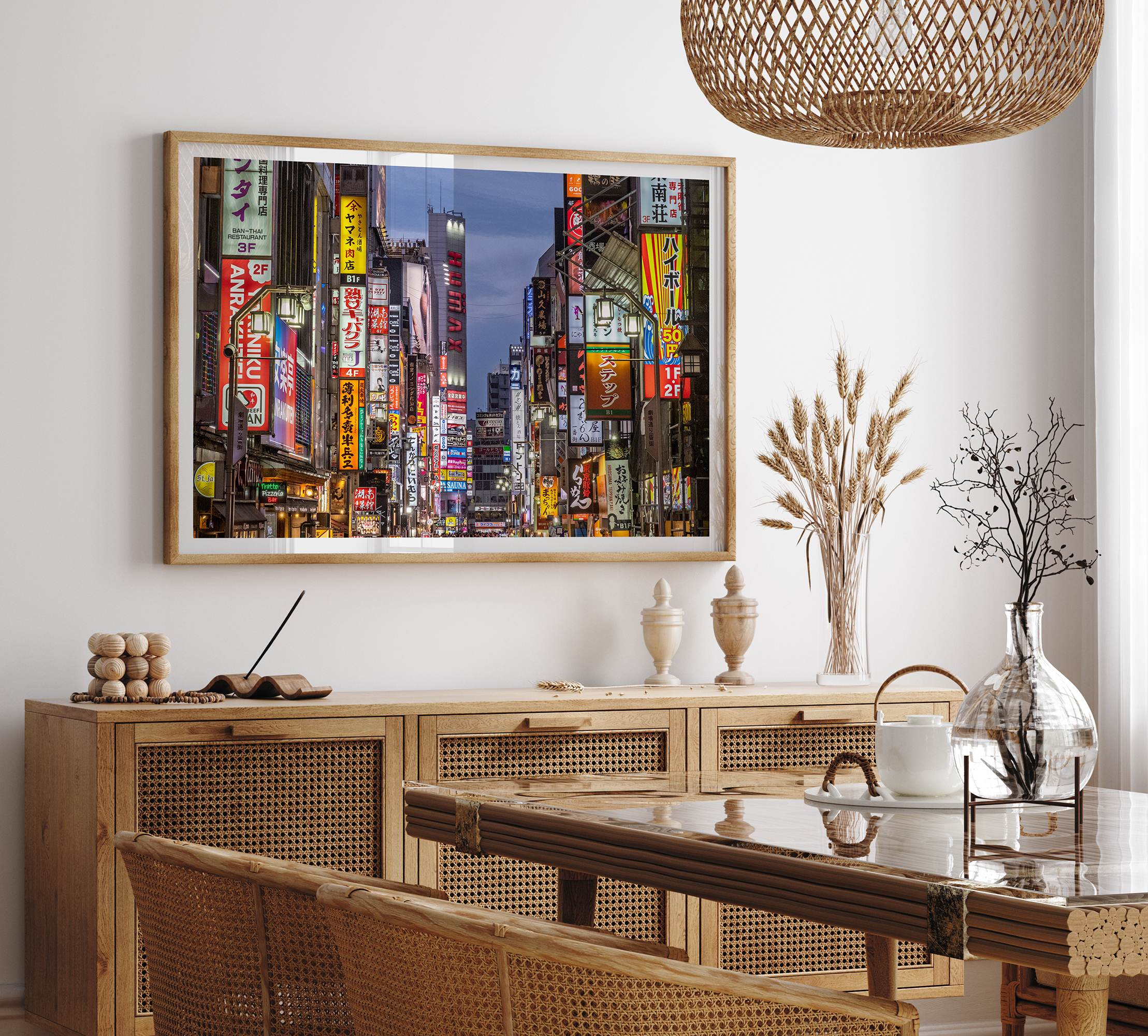 Cyberpunk-style photo print of neon-lit Shinjuku street in Tokyo, Japan