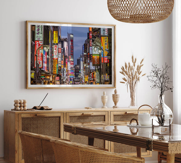 Cyberpunk-style photo print of neon-lit Shinjuku street in Tokyo, Japan