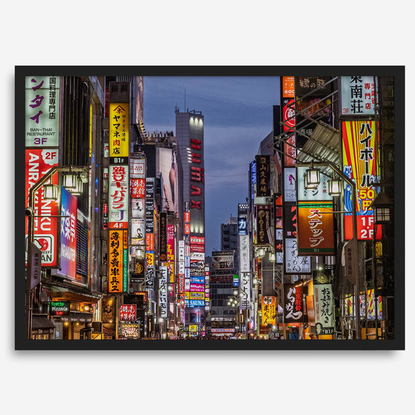 Cyberpunk-style photo print of neon-lit Shinjuku street in Tokyo, Japan