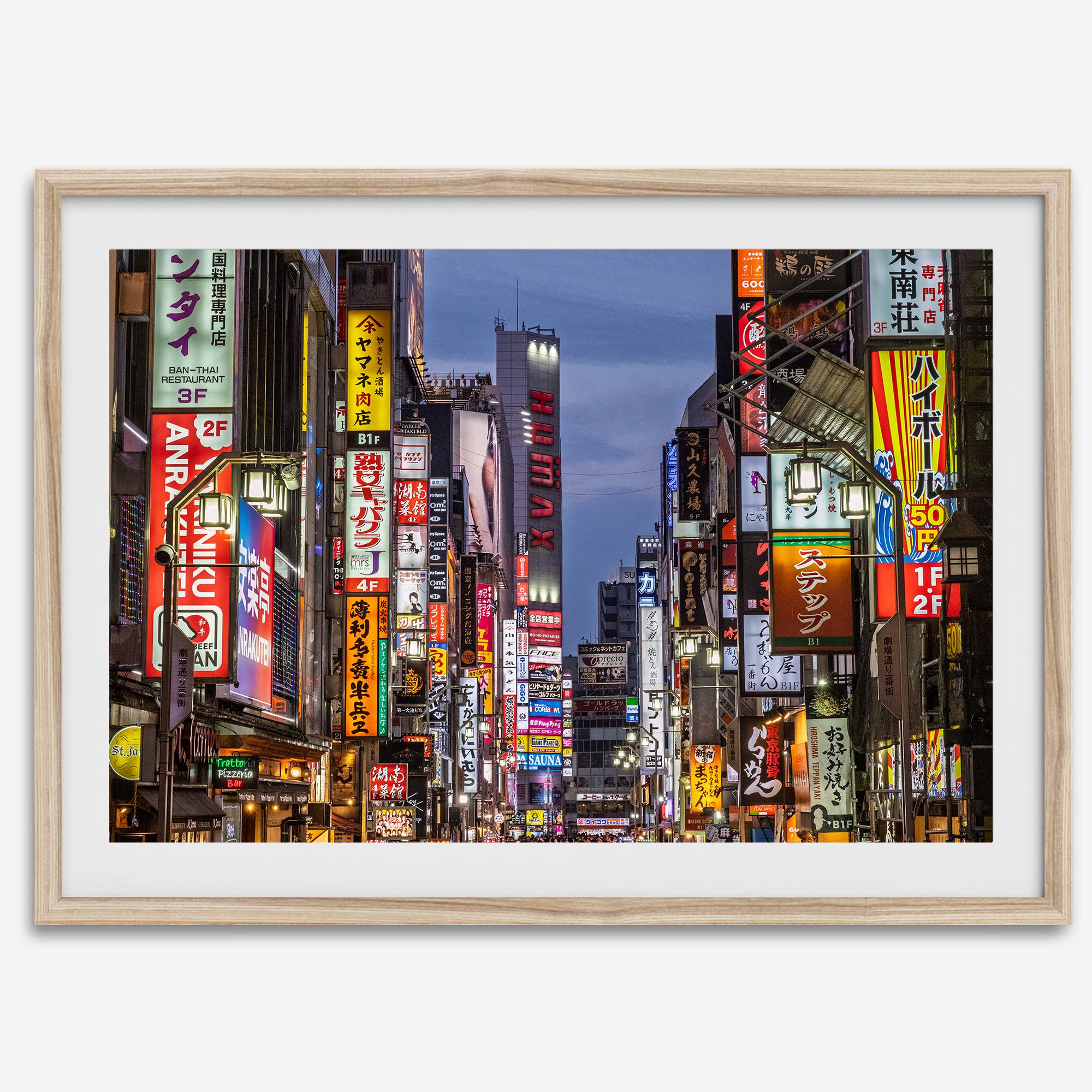 Cyberpunk-style photo print of neon-lit Shinjuku street in Tokyo, Japan