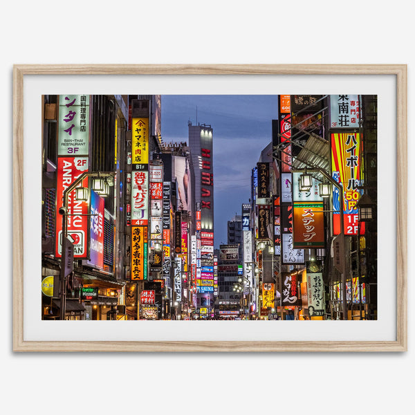Cyberpunk-style photo print of neon-lit Shinjuku street in Tokyo, Japan