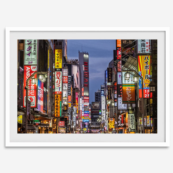 Cyberpunk-style photo print of neon-lit Shinjuku street in Tokyo, Japan