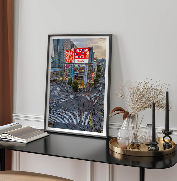  Elegant urban wall art of Shibuya Crossing in Tokyo with vibrant street life and architecture.