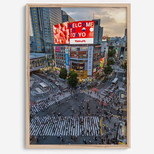  Elegant urban wall art of Shibuya Crossing in Tokyo with vibrant street life and architecture.
