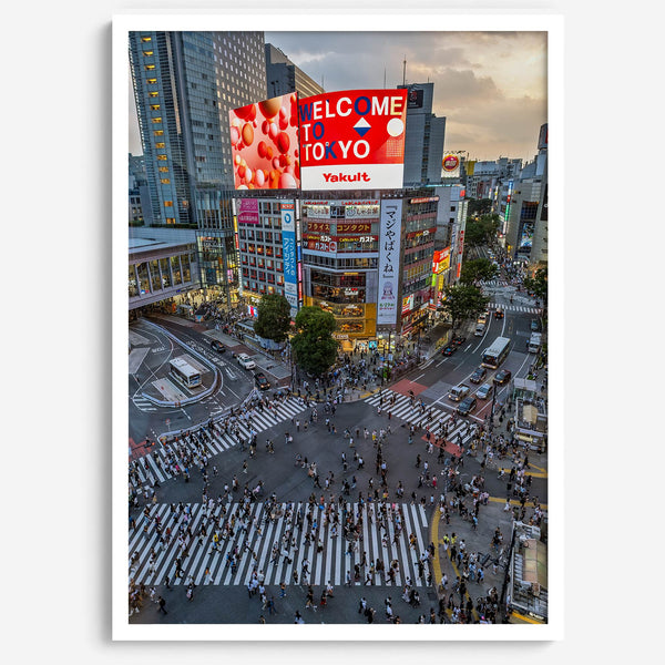  Elegant urban wall art of Shibuya Crossing in Tokyo with vibrant street life and architecture.