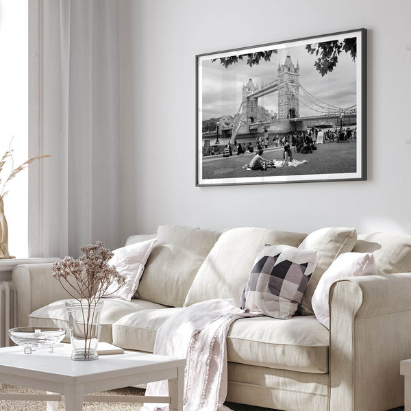 Tower Bridge wall art print, fine art black and white cityscape photography.