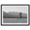 Lone tree in a peaceful field with Grand Teton mountains in the distance, black and white landscape art.