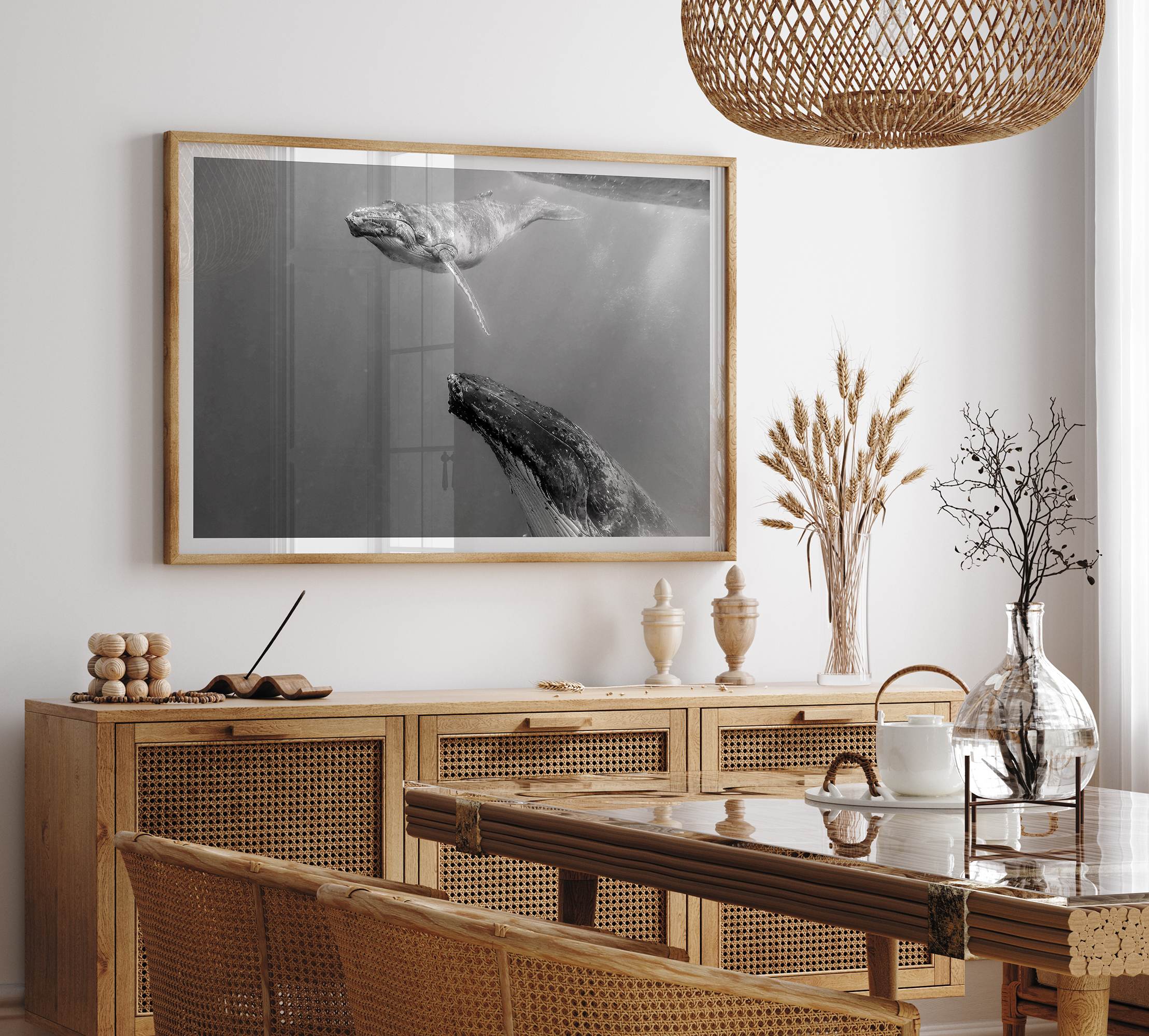 Fine art whale wall art featuring humpback whale mother and calf underwater