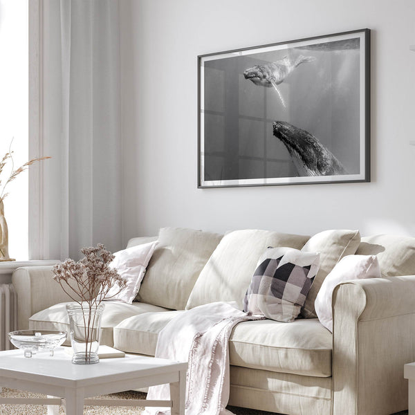 Fine art whale wall art featuring humpback whale mother and calf underwater