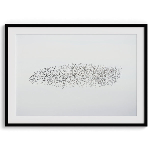 An abstract nature photography landscape photography print featuring a murmuration of starlings in an abstract formation against the sky, capturing minimalist beauty.