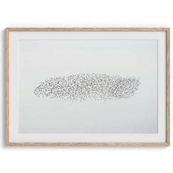 An abstract nature photography landscape photography print featuring a murmuration of starlings in an abstract formation against the sky, capturing minimalist beauty.