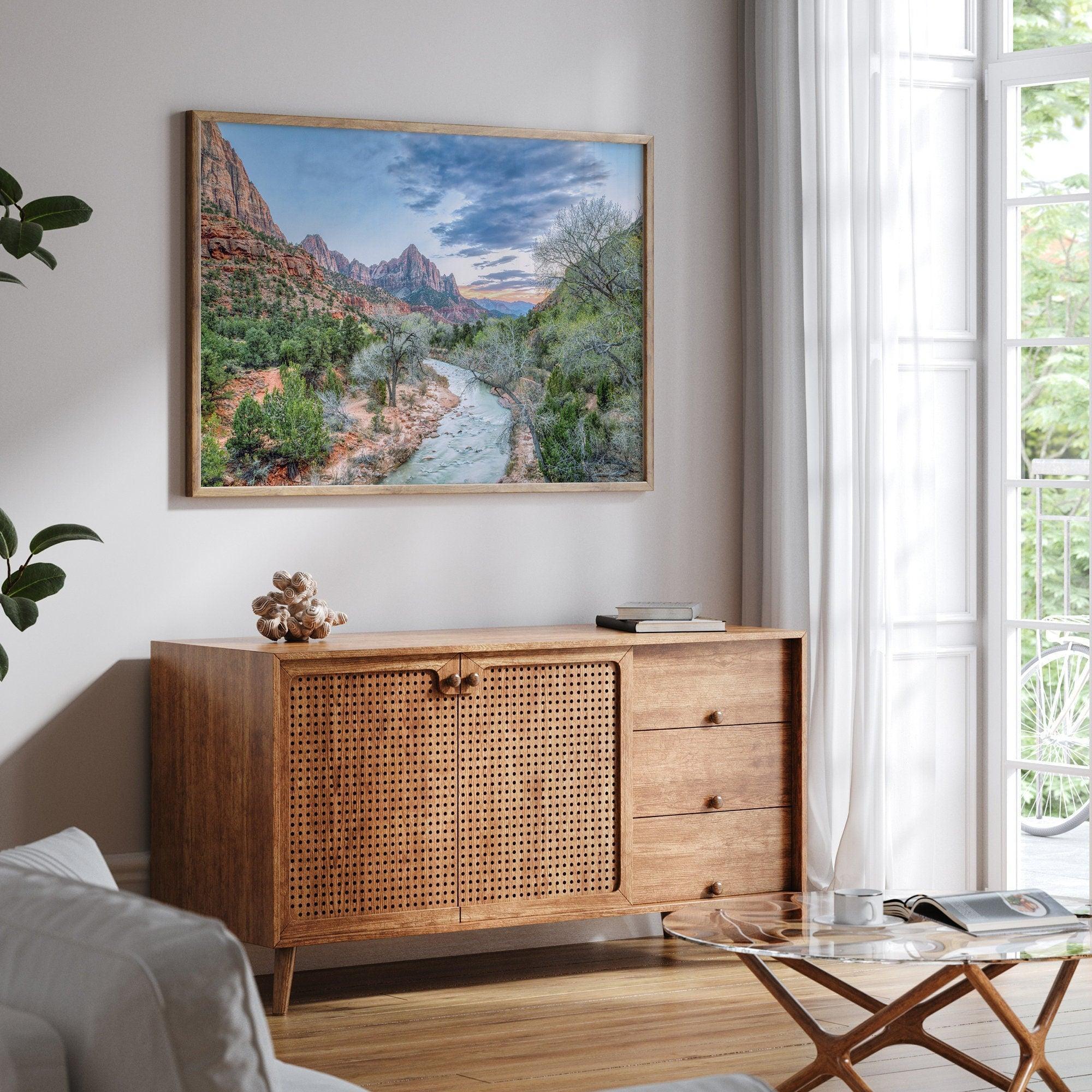 A framed fine art landscape photography print of Zion National Park showing a beautiful river, trees, and desert landscape with the backdrop of Zion mountain range. This Utah wall art is perfect for nature photography and desert art enthusiasts.