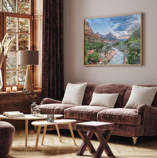 A framed fine art landscape photography print of Zion National Park showing a beautiful river, trees, and desert landscape with the backdrop of Zion mountain range. This Utah wall art is perfect for nature photography and desert art enthusiasts.