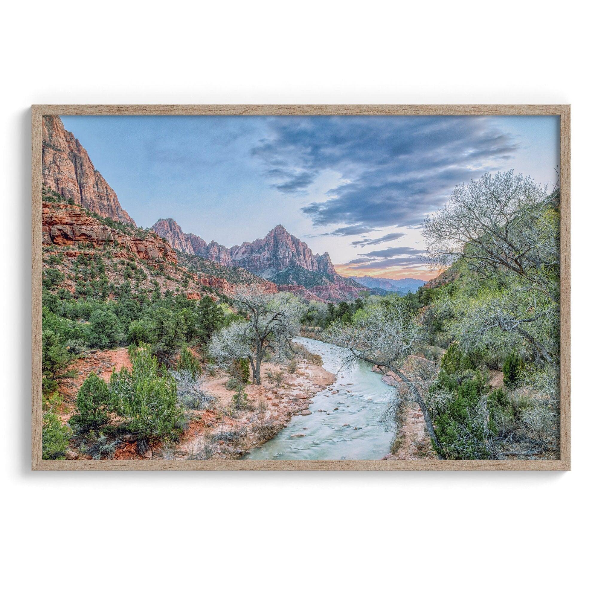 A framed fine art landscape photography print of Zion National Park showing a beautiful river, trees, and desert landscape with the backdrop of Zion mountain range. This Utah wall art is perfect for nature photography and desert art enthusiasts.