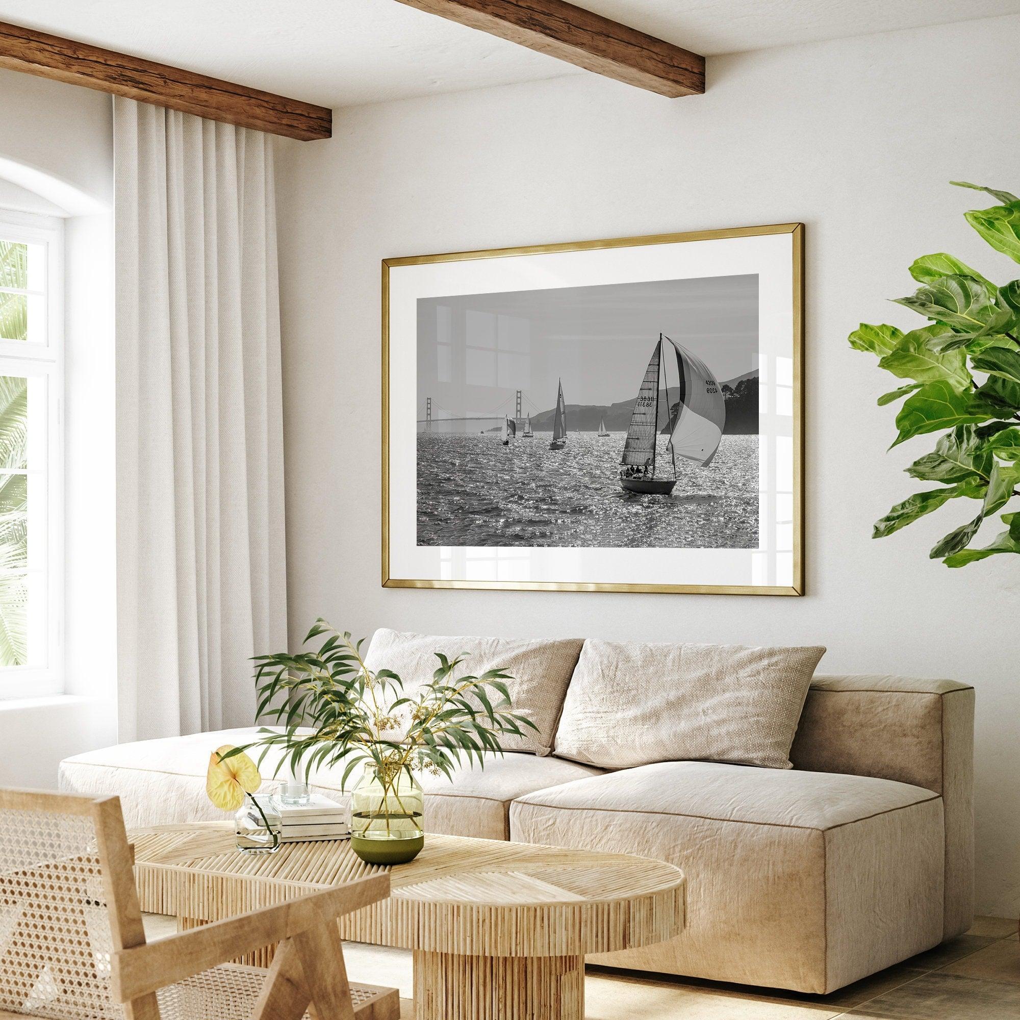 A fine art black and white framed or unframed print of the sailboats in the San Francisco Bay with the backdrop of the Golden Gate Bridge.