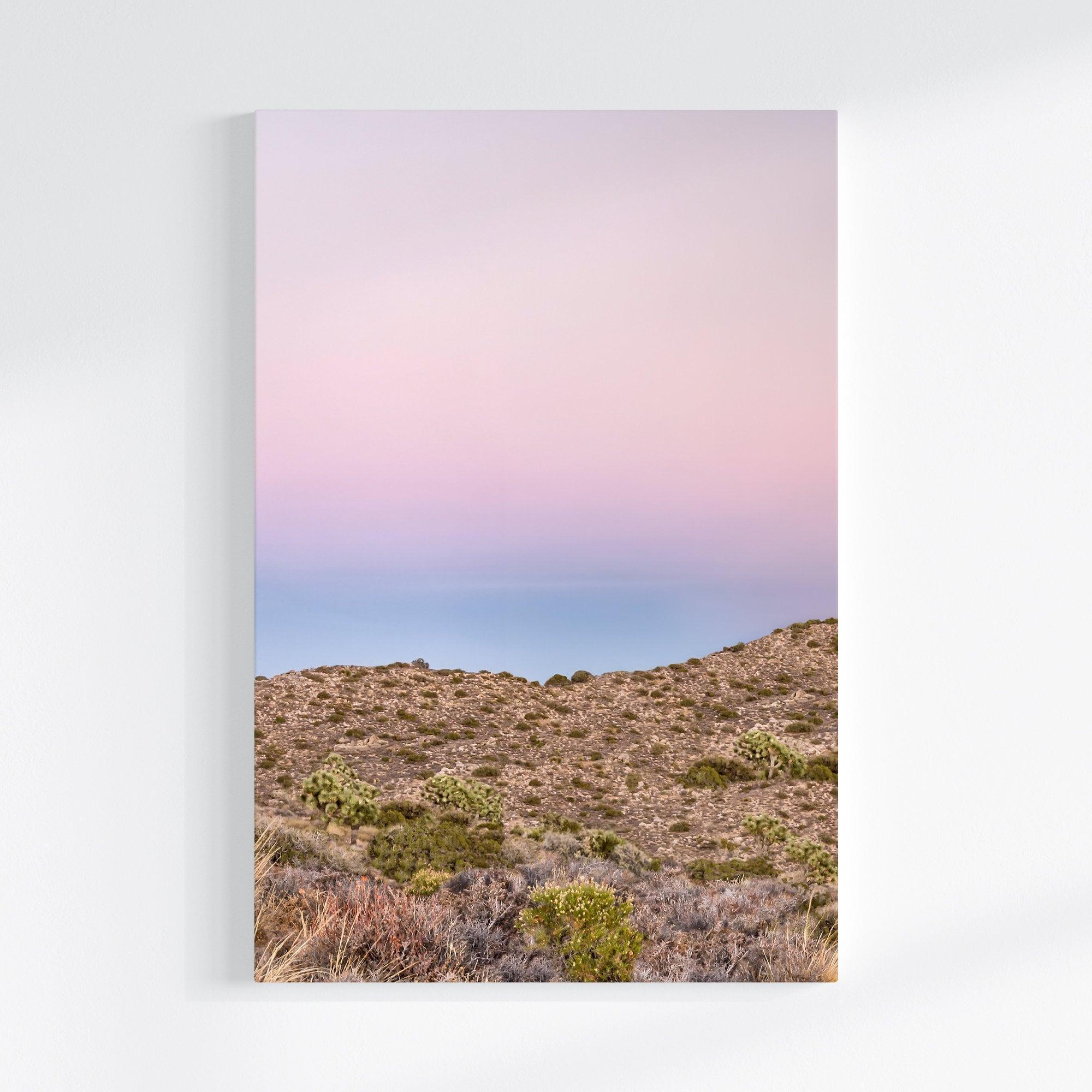 A canvas large wall art set of Joshua Tree National Park. This canvas print showcases a stunning lone Joshua tree standing in the desert with desert plantation all around and breathtaking pink sunset in the backdrop.