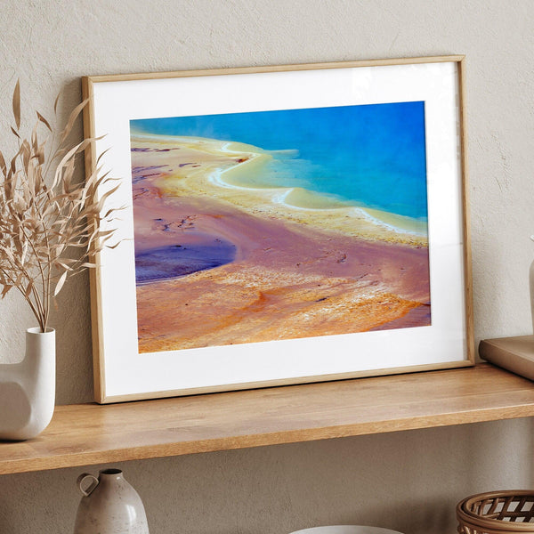 A mesmerizing abstract nature print of Grand Prismatic Hot Springs in Yellowstone National Park. This stunning close-up view transforms nature into colorful textures that will look just breathtaking on any home or office wall.