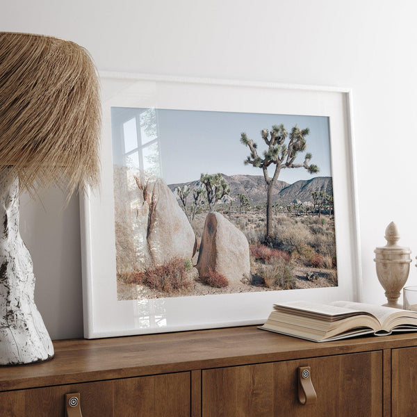 A Joshua Tree Retro Style Fine Art Framed on Unframed Print showcasing a Joshua Tree, large desert rocks in the forefront, and a field for Joshua Trees in the back. Available in multiple sizes.
