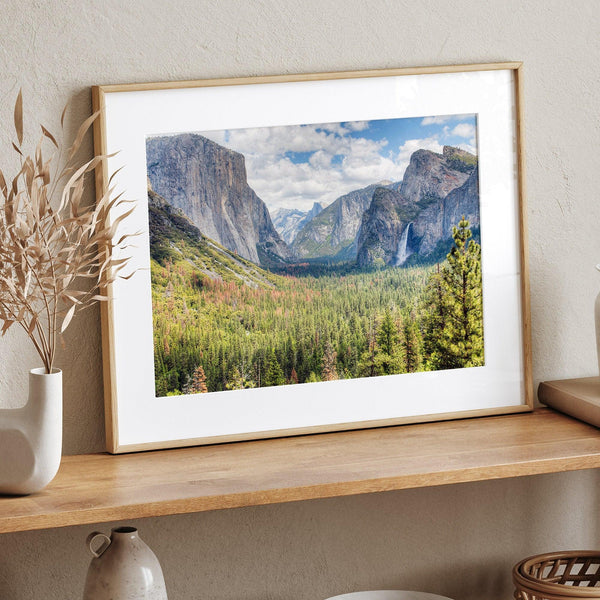 A framed or unframed landscape photography print of Yosemite National Park. This fine art Yosemite National Park poster showcases the lush forest, gushing waterfall, and towering cliffs of Yosemite. HDR photography Wall Art is Perfect for home decor
