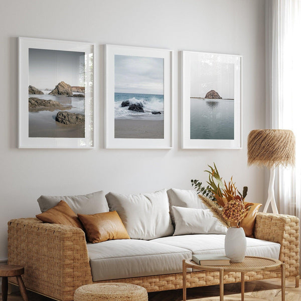 A set of 3 framed or unframed ocean prints from different locations along Route 1 on the California Coast 1st print - Mendocino Glass Beach 2nd print - Carmel by the Sea 3rd print - Morro Bay Rock reflection