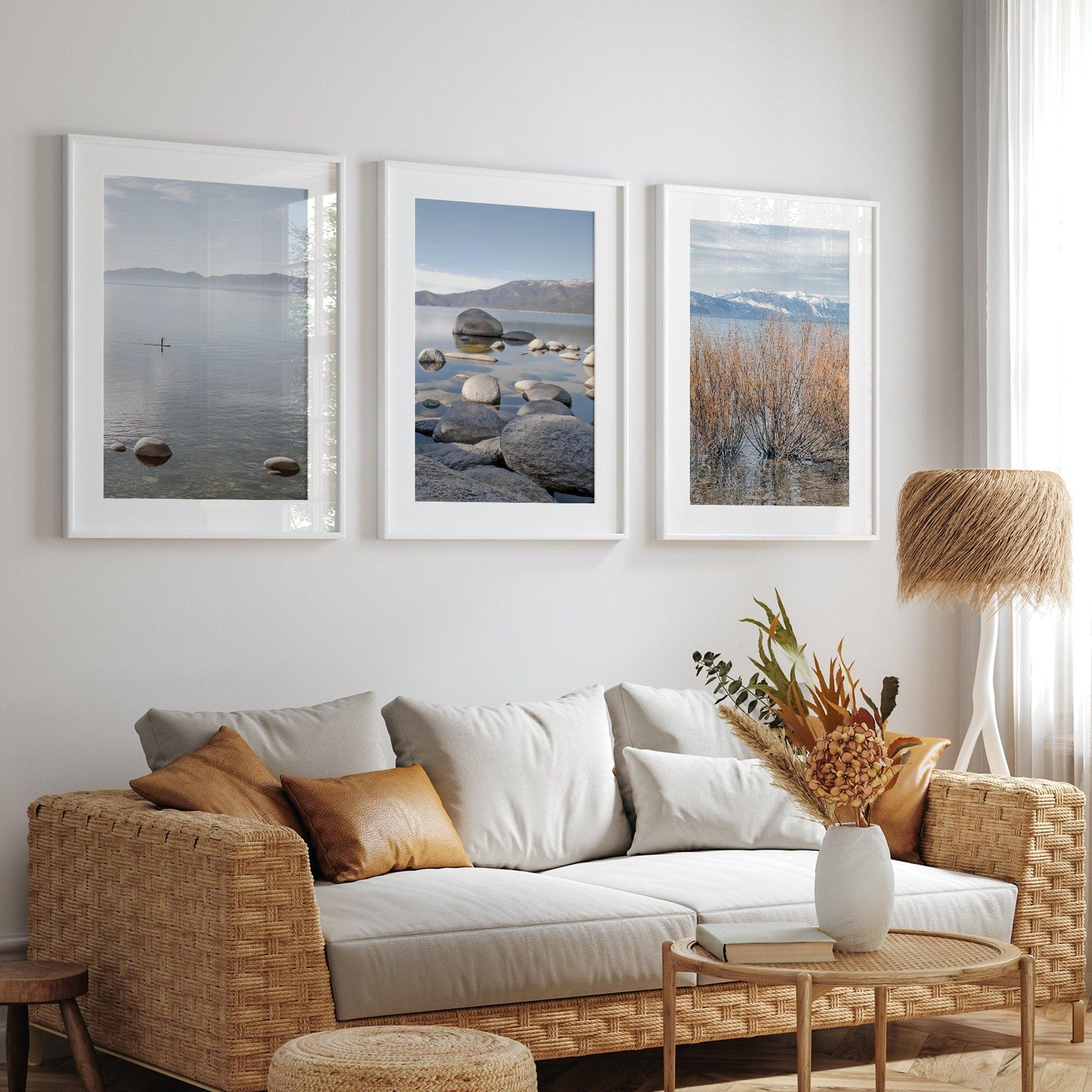 Set of 3 Lake Tahoe framed on unframed prints showcasing the beauty of the lake from different perspectives.