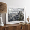 A fine art framed or unframed print showcasing the stunning half-dome mountain in Yosemite national park. The picture was shot an edited as an HDR photograph adding more depth to this beautiful mountain wall art.