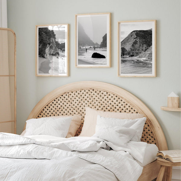 Discover the captivating beauty of Big Sur with our set of 3 black and white coastal prints. The prints feature the mesmerizing McWay Falls, the stunning Pfeiffer Beach, and the breathtaking iconic Bixby Bridge on Highway 1, California.