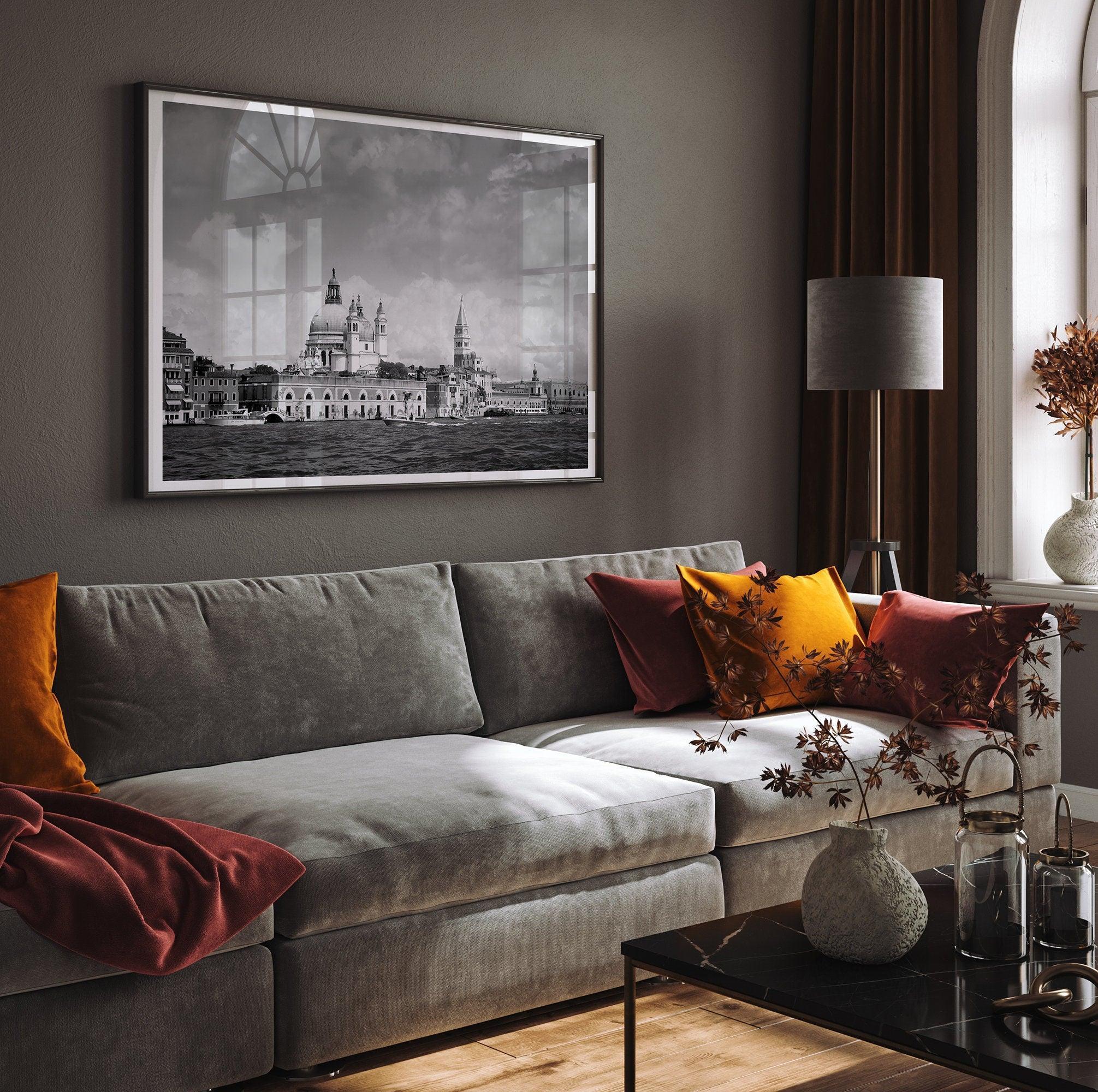 This framed black and white Venice print showcases the iconic Basilica di Santa Maria della Salute and St Mark Square taken from the canal. The clouds add a dramatic effect and create a classic look to this breathtaking Italian wall art.