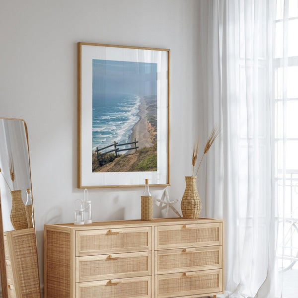 A fine art print of 10-mile beach in Point Reyes, California. In this beach wall art, you can see the long beach stretches as far as the eyes can see and the waves crashing against the beach.