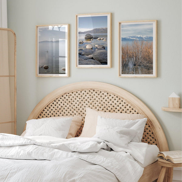Set of 3 Lake Tahoe framed on unframed prints showcasing the beauty of the lake from different perspectives.