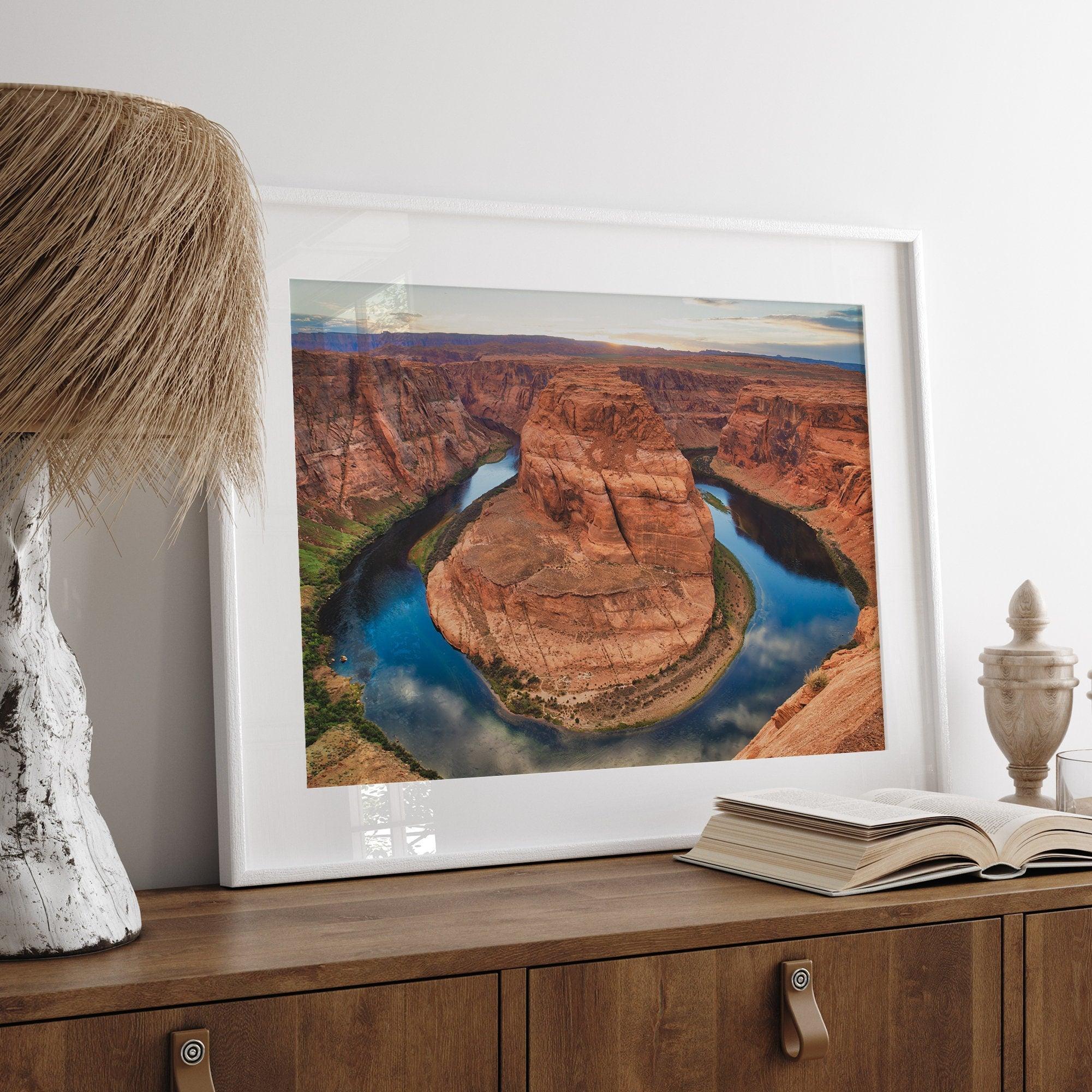 A fine art Arizona desert wall art from Horseshoe Bend. This famous Colorado River bend was taken at sunset and makes a stunning desert nature landscape print.