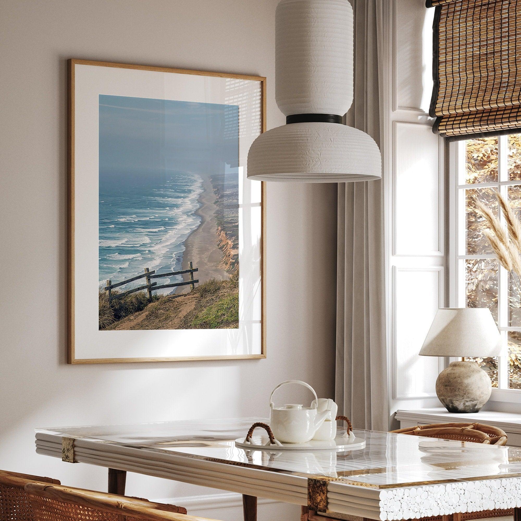 A fine art print of 10-mile beach in Point Reyes, California. In this beach wall art, you can see the long beach stretches as far as the eyes can see and the waves crashing against the beach.