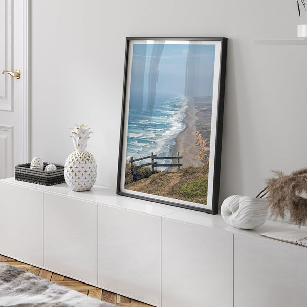 A fine art print of 10-mile beach in Point Reyes, California. In this beach wall art, you can see the long beach stretches as far as the eyes can see and the waves crashing against the beach.