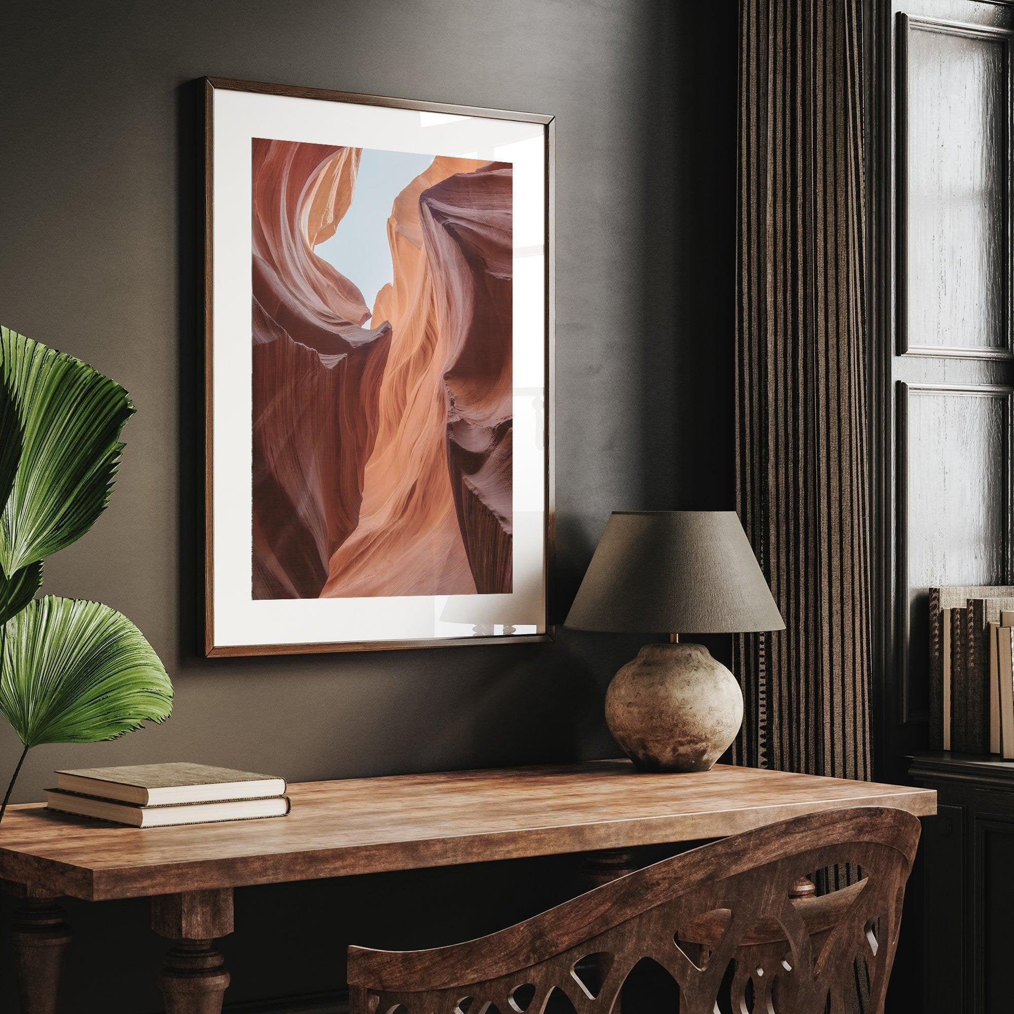 A fine art unframed or framed Arizona desert print of Antelope Canyon showcasing the unique textures and colors of this stunning location.