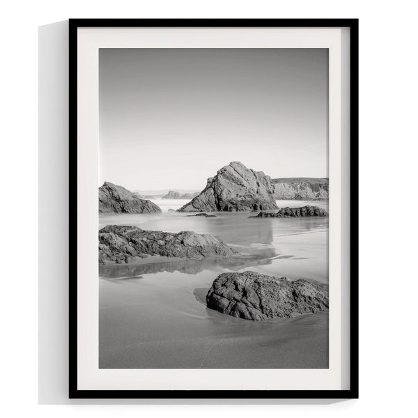 A set of 3 black and white framed or unframed ocean prints from different locations along Route 1 on the California Coast 1st print - Mendocino Glass Beach 2nd print - Carmel by the Sea 3rd print - Morro Bay Rock reflection