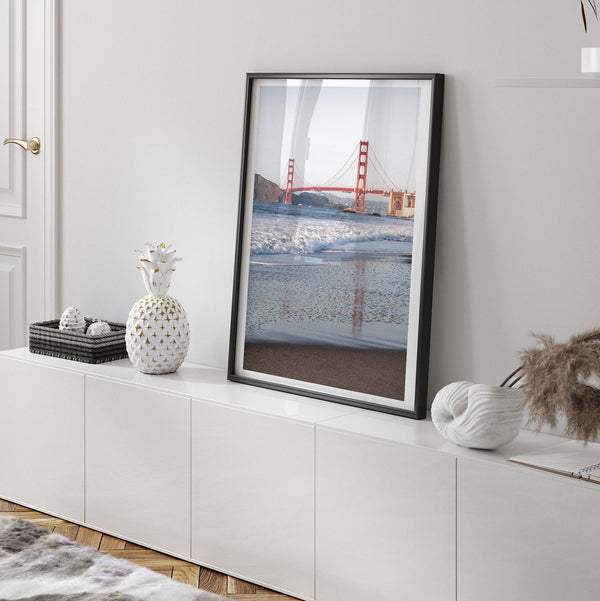 San Francisco Golden Gate Bridge Fine Art Photography Print With Beach Reflection, Framed or Unframed Beach Wall Art Poster for Home Decor
