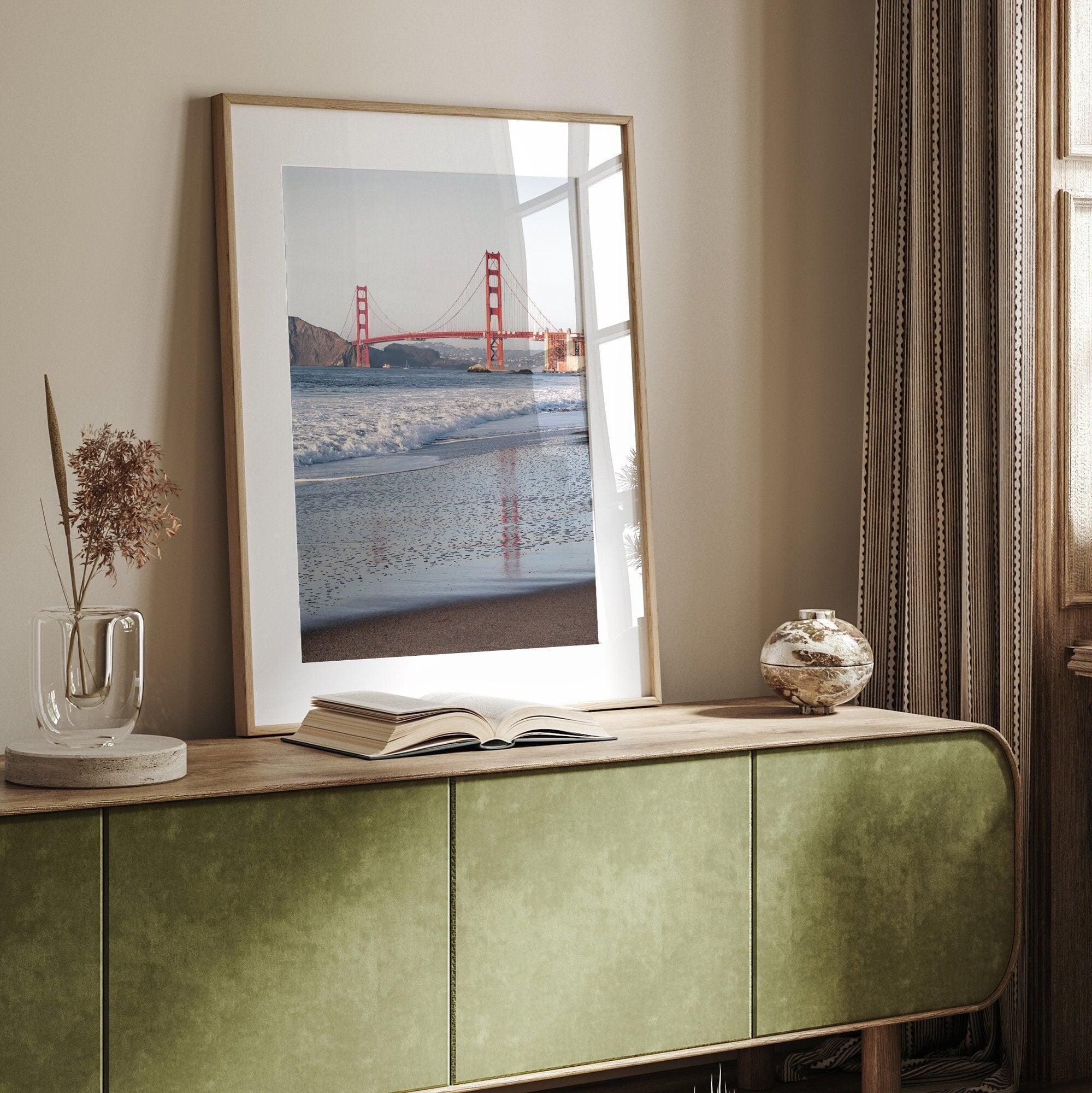 San Francisco Golden Gate Bridge Fine Art Photography Print With Beach Reflection, Framed or Unframed Beach Wall Art Poster for Home Decor