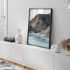 This California coastal print features the famous Bixby Bridge in Route 1, near Big Sur, In this Northwest Coast wall art you can see the ocean surf crashing against the coastal cliffs with the breathtaking old bridge in the center.