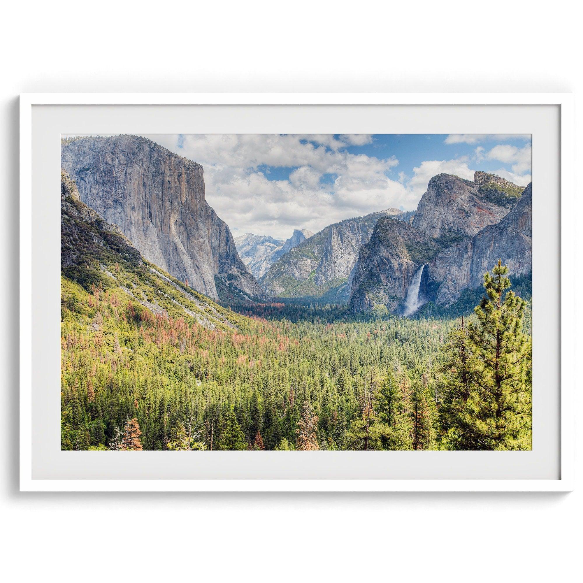 A framed or unframed landscape photography print of Yosemite National Park. This fine art Yosemite National Park poster showcases the lush forest, gushing waterfall, and towering cliffs of Yosemite. HDR photography Wall Art is Perfect for home decor